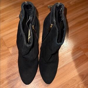 Black Suede Ankle Booties with Gold Zip Accent